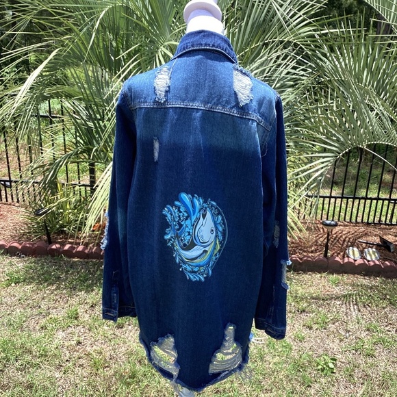 EMBELLISH TUNA FISH  DISTRESSED DENIM JACKET ( Size: XXL) - Picture 5 of 5